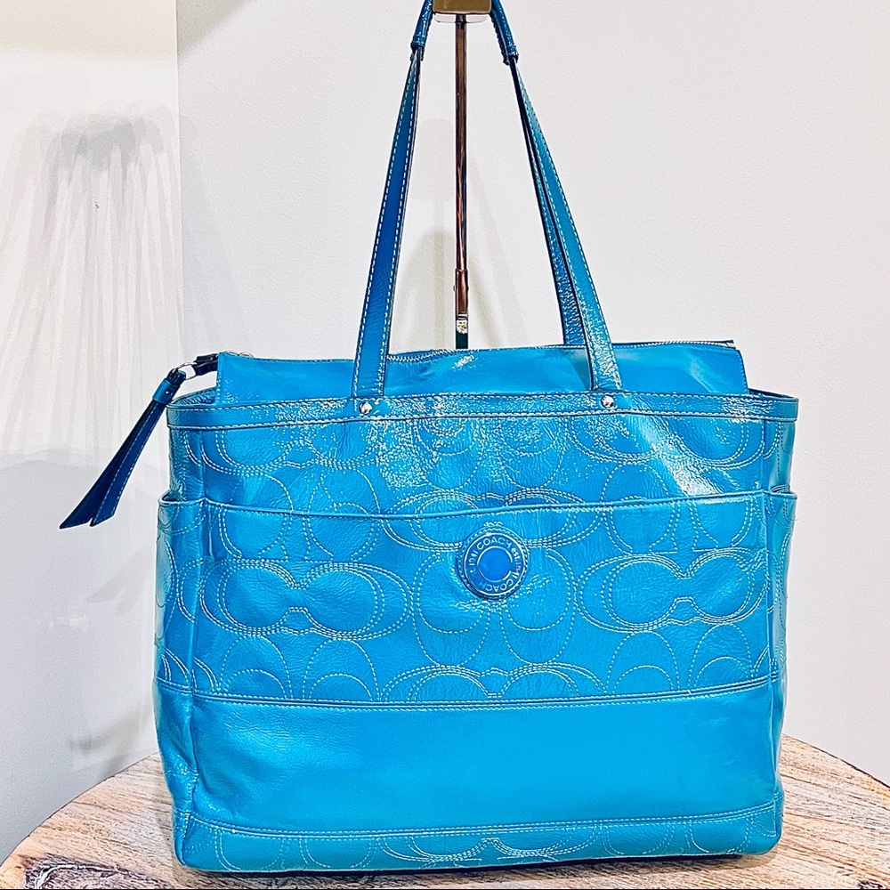 COACH Signature Turquoise Patent Leather Large Multifunction Tote Bag F19256